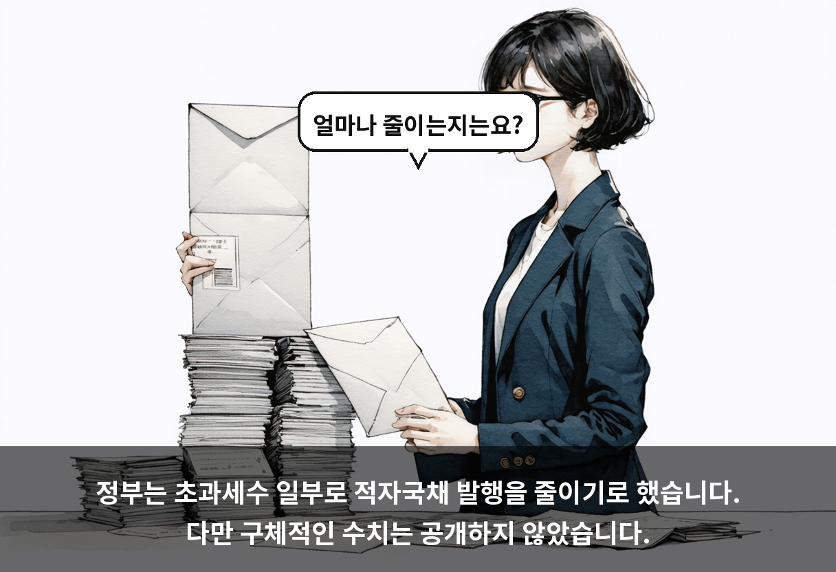 정부는 초과세수 일부로 적자국채 발행을 줄이기로 했습니다. 다만 구체적인 수치는 공개하지 않았습니다.
