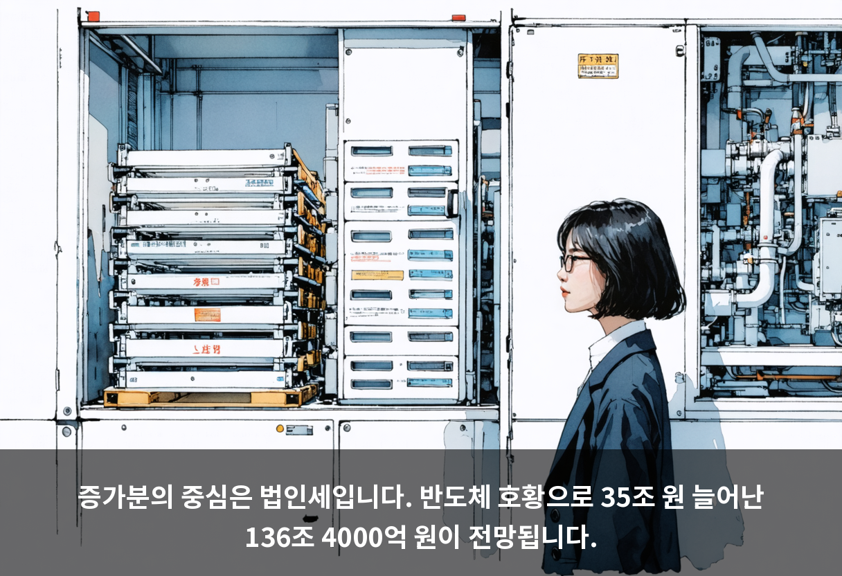 증가분의 중심은 법인세입니다. 반도체 호황으로 35조 원 늘어난 136조 4000억 원이 전망됩니다.