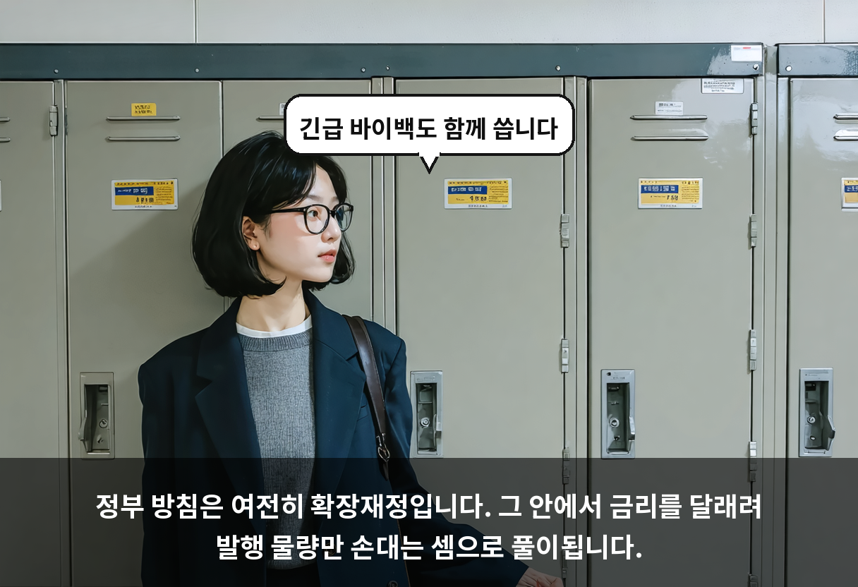 정부 방침은 여전히 확장재정입니다. 그 안에서 금리를 달래려 발행 물량만 손대는 셈으로 풀이됩니다.
