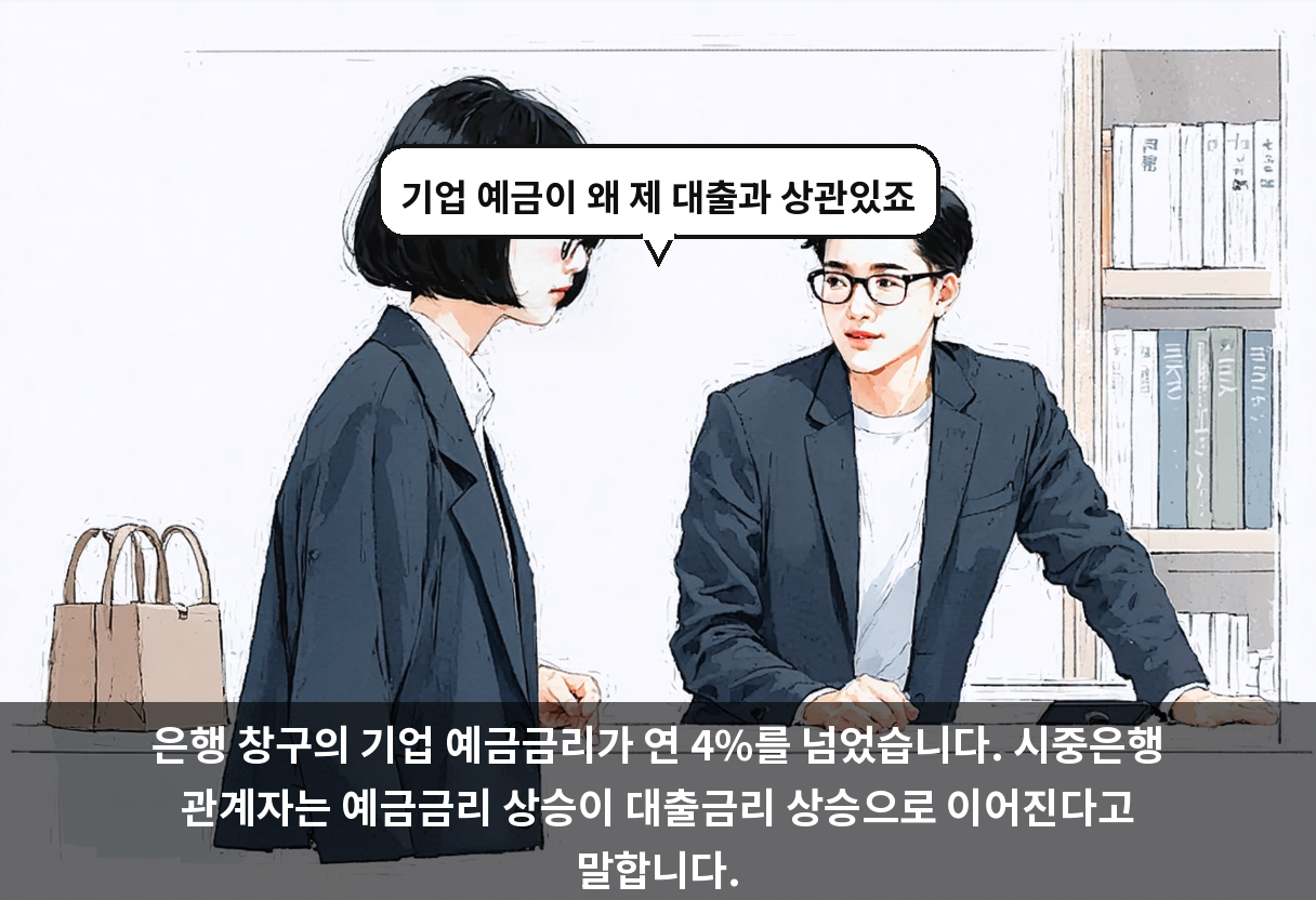 은행 창구의 기업 예금금리가 연 4%를 넘었습니다. 시중은행 관계자는 예금금리 상승이 대출금리 상승으로 이어진다고 말합니다.