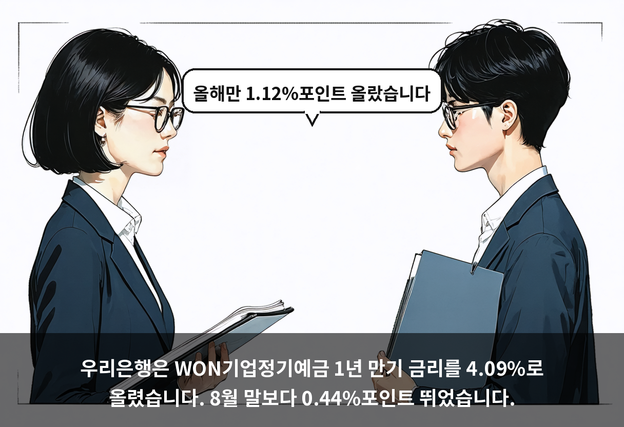 우리은행은 WON기업정기예금 1년 만기 금리를 4.09%로 올렸습니다. 8월 말보다 0.44%포인트 뛰었습니다.