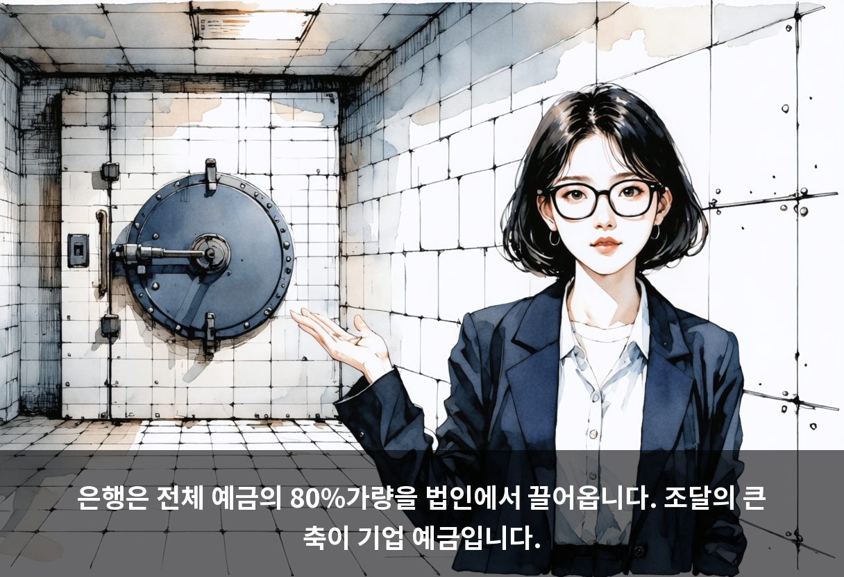 은행은 전체 예금의 80%가량을 법인에서 끌어옵니다. 조달의 큰 축이 기업 예금입니다.