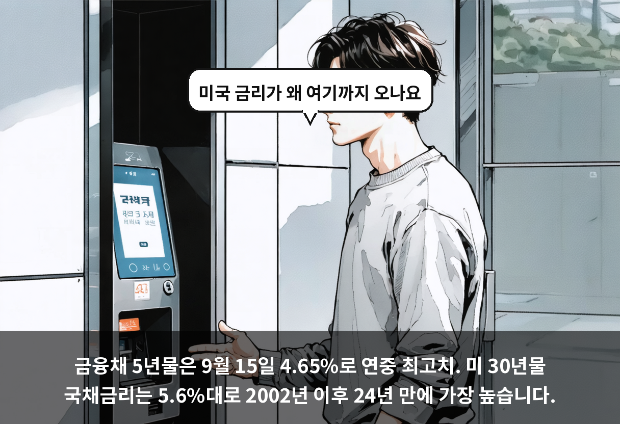 금융채 5년물은 9월 15일 4.65%로 연중 최고치. 미 30년물 국채금리는 5.6%대로 2002년 이후 24년 만에 가장 높습니다.