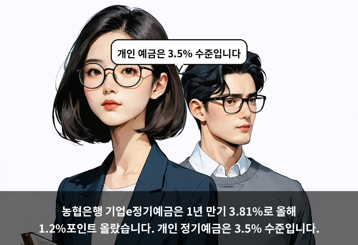 농협은행 기업e정기예금은 1년 만기 3.81%로 올해 1.2%포인트 올랐습니다. 개인 정기예금은 3.5% 수준입니다.