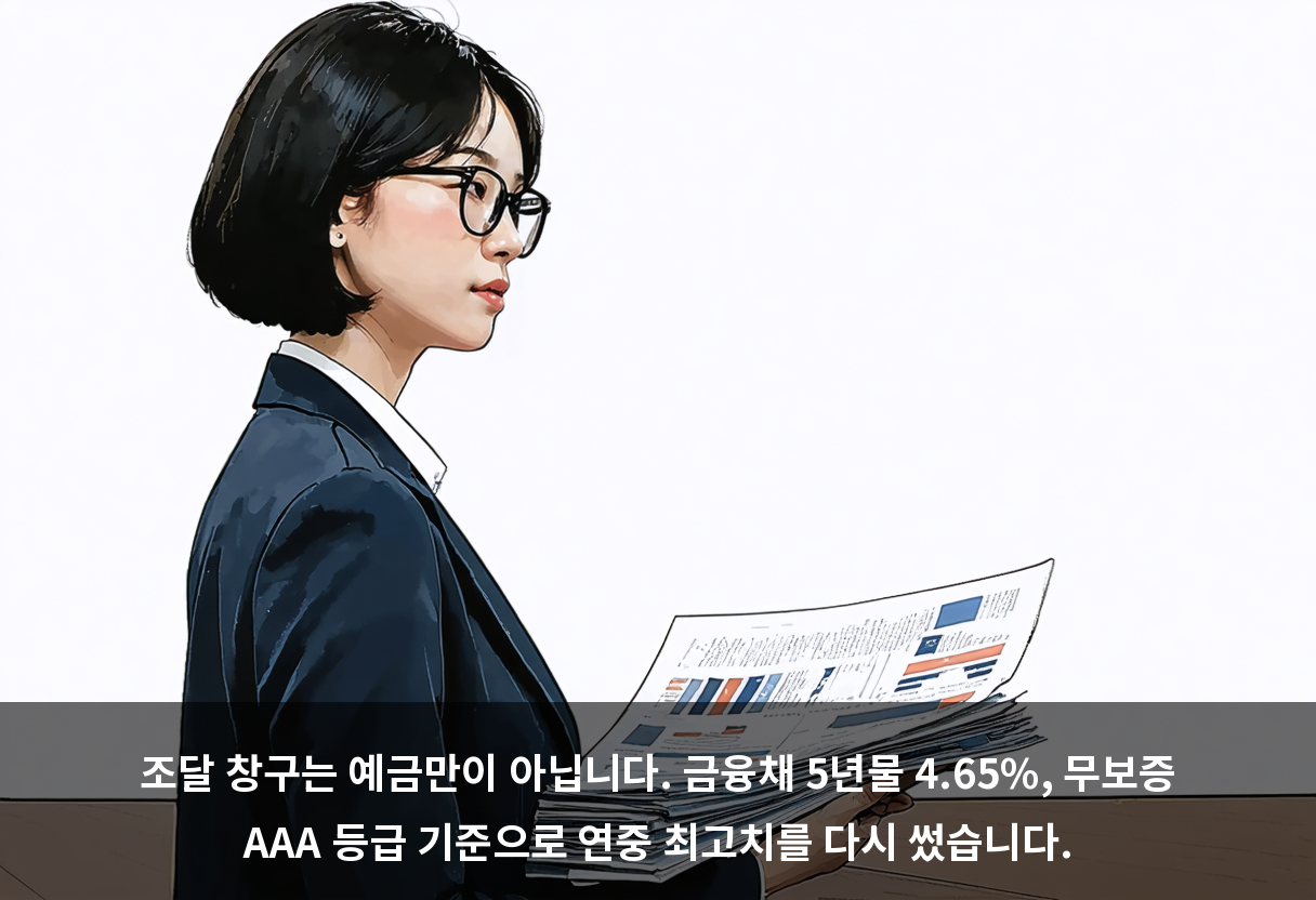 조달 창구는 예금만이 아닙니다. 금융채 5년물 4.65%, 무보증 AAA 등급 기준으로 연중 최고치를 다시 썼습니다.