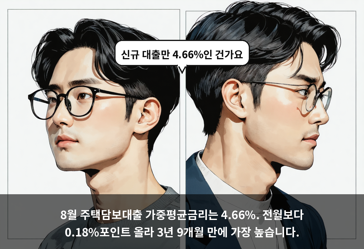 8월 주택담보대출 가중평균금리는 4.66%. 전월보다 0.18%포인트 올라 3년 9개월 만에 가장 높습니다.