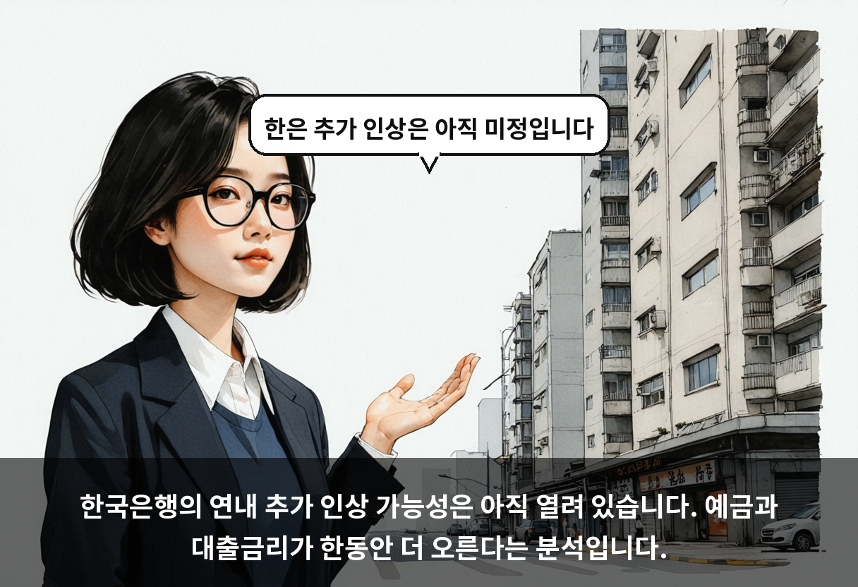 한국은행의 연내 추가 인상 가능성은 아직 열려 있습니다. 예금과 대출금리가 한동안 더 오른다는 분석입니다.