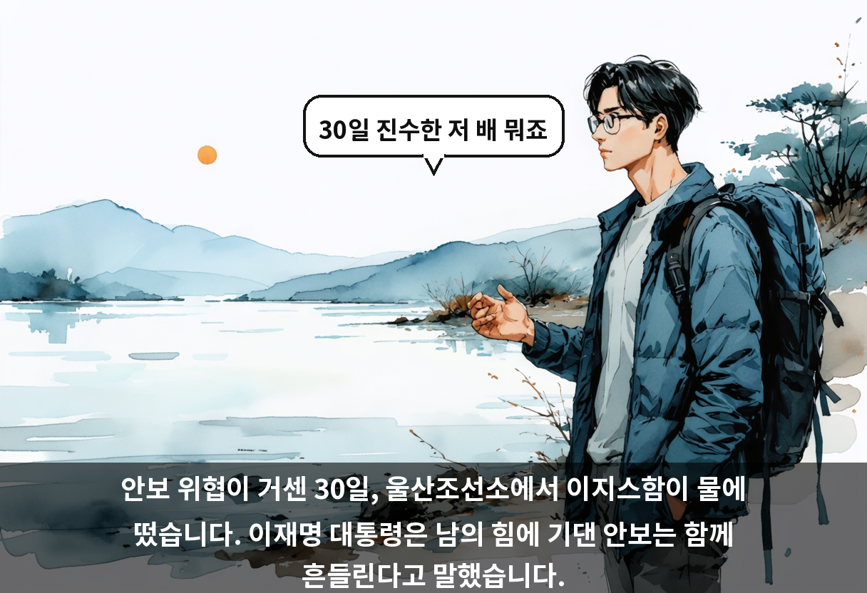 안보 위협이 거센 30일, 울산조선소에서 이지스함이 물에 떴습니다. 이재명 대통령은 남의 힘에 기댄 안보는 함께 흔들린다고 말했습니다.