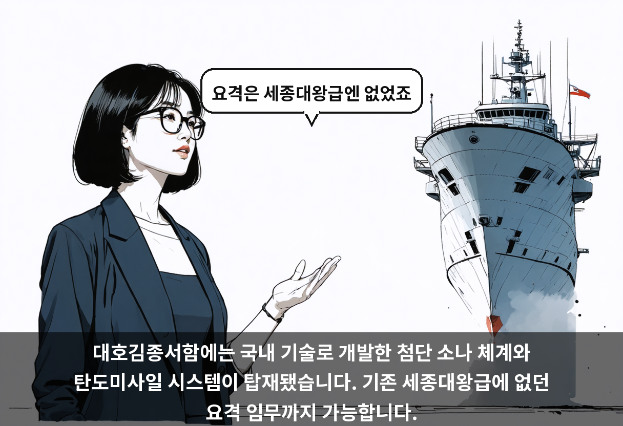 대호김종서함에는 국내 기술로 개발한 첨단 소나 체계와 탄도미사일 시스템이 탑재됐습니다. 기존 세종대왕급에 없던 요격 임무까지 가능합니다.