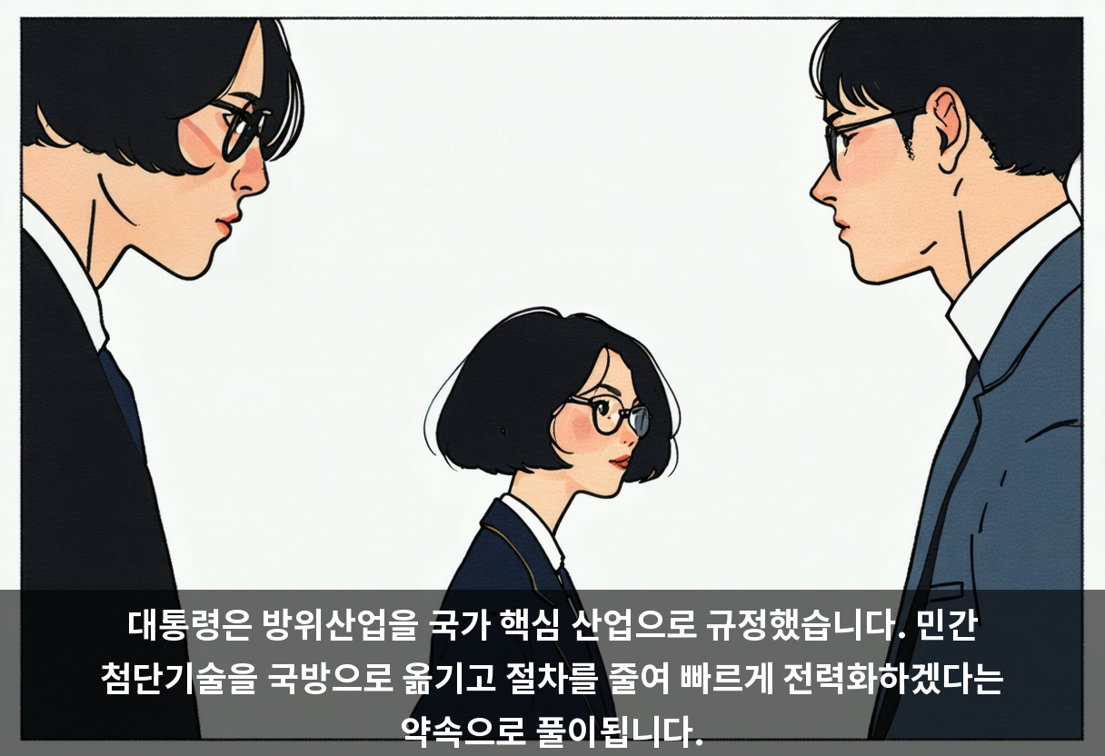 대통령은 방위산업을 국가 핵심 산업으로 규정했습니다. 민간 첨단기술을 국방으로 옮기고 절차를 줄여 빠르게 전력화하겠다는 약속으로 풀이됩니다.