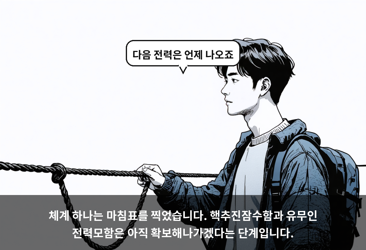 체계 하나는 마침표를 찍었습니다. 핵추진잠수함과 유무인 전력모함은 아직 확보해나가겠다는 단계입니다.