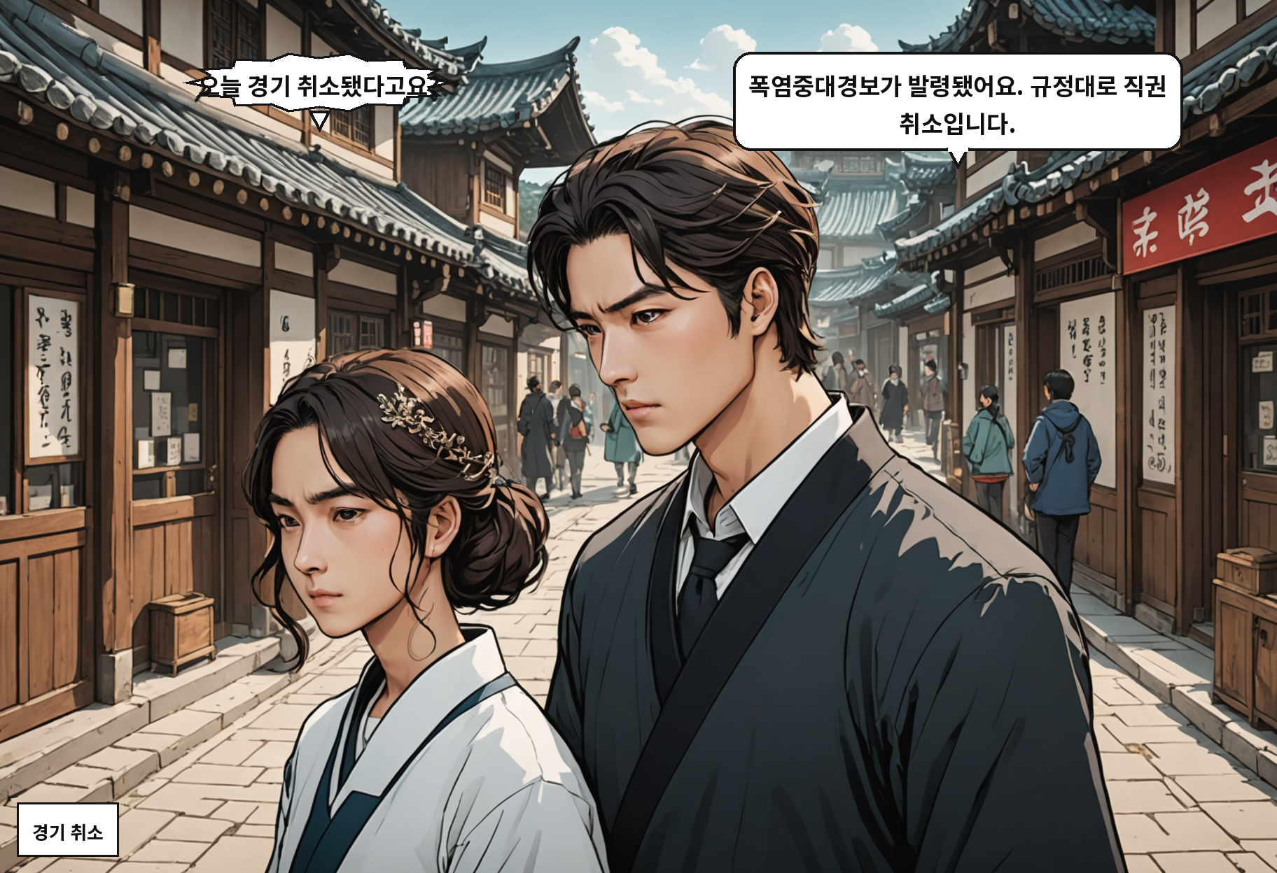 A: 오늘 경기 취소됐다고요? B: 폭염중대경보가 발령됐어요. 규정대로 직권 취소입니다.