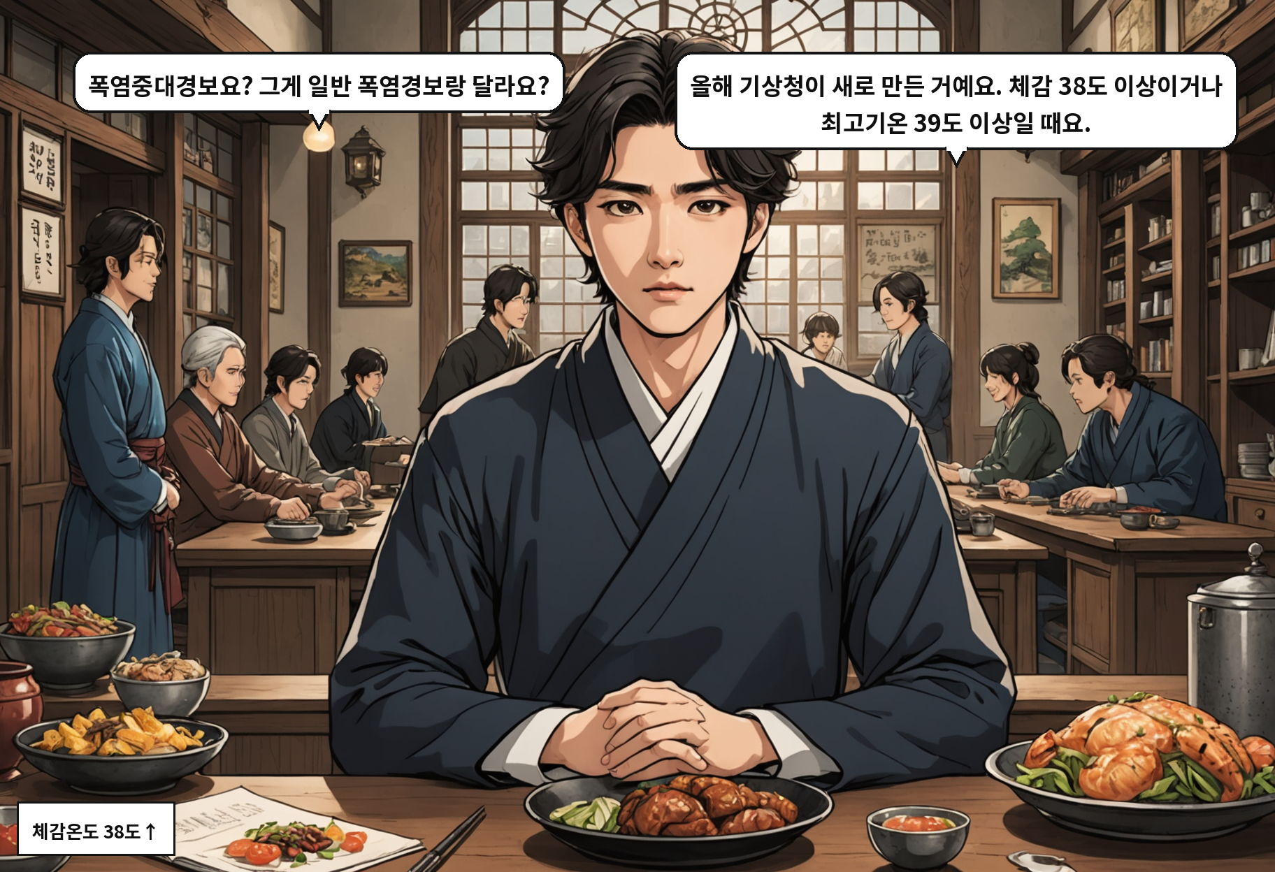 A: 폭염중대경보요? 그게 일반 폭염경보랑 달라요? B: 올해 기상청이 새로 만든 거예요. 체감 38도 이상이거나 최고기온 39도 이상일 때요.