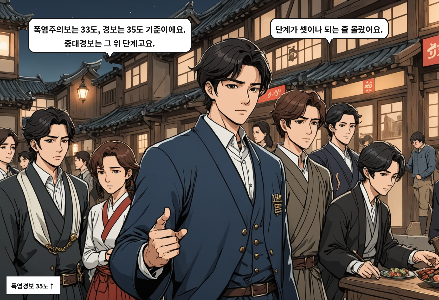 B: 폭염주의보는 33도, 경보는 35도 기준이에요. 중대경보는 그 위 단계고요. A: 단계가 셋이나 되는 줄 몰랐어요.