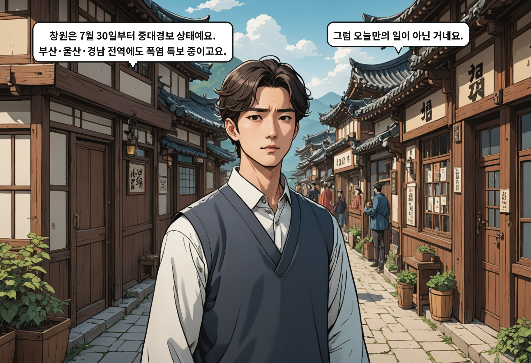B: 창원은 7월 30일부터 중대경보 상태예요. 부산·울산·경남 전역에도 폭염 특보 중이고요. A: 그럼 오늘만의 일이 아닌 거네요.