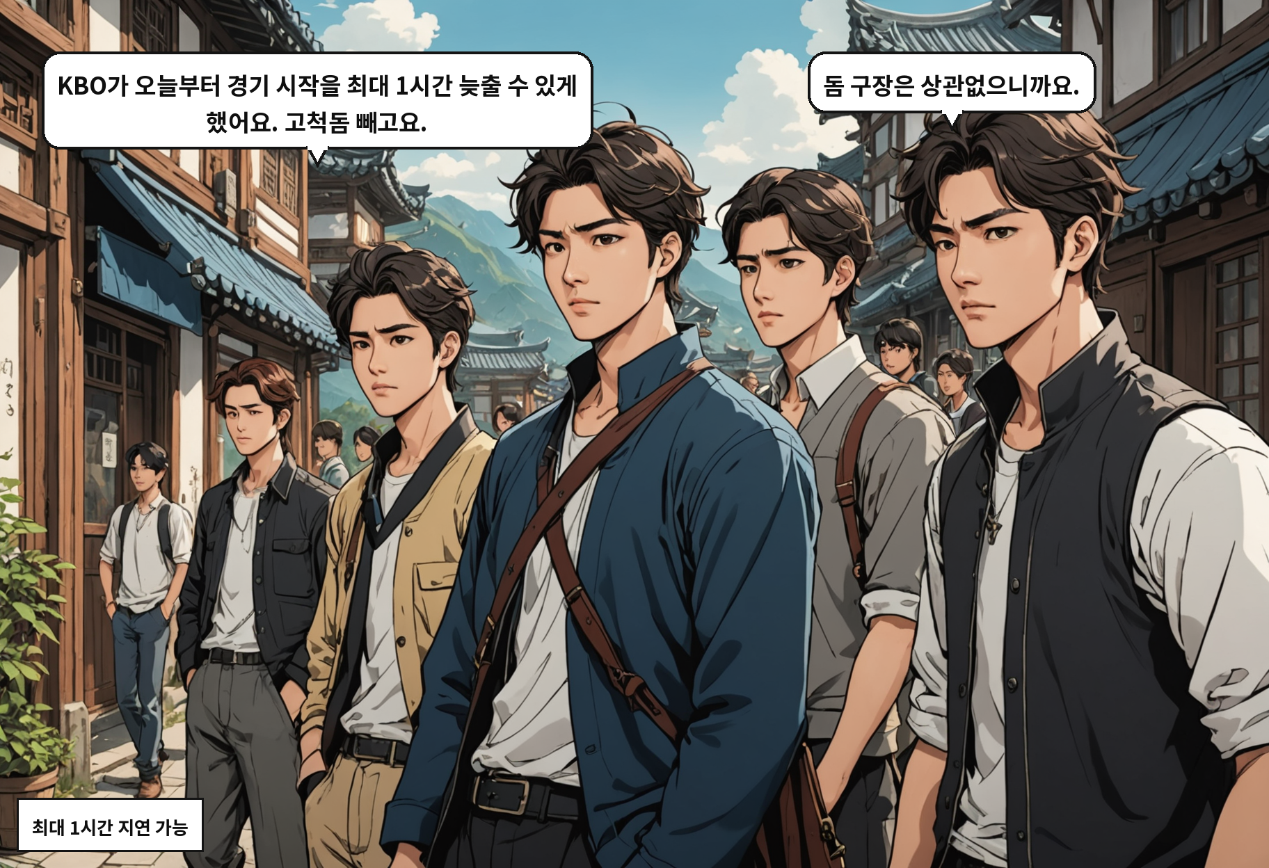 B: KBO가 오늘부터 경기 시작을 최대 1시간 늦출 수 있게 했어요. 고척돔 빼고요. A: 돔 구장은 상관없으니까요.