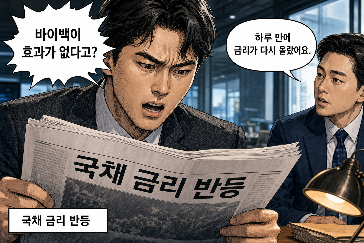 A: 바이백이 효과가 없다고? B: 하루 만에 금리가 다시 올랐어요.