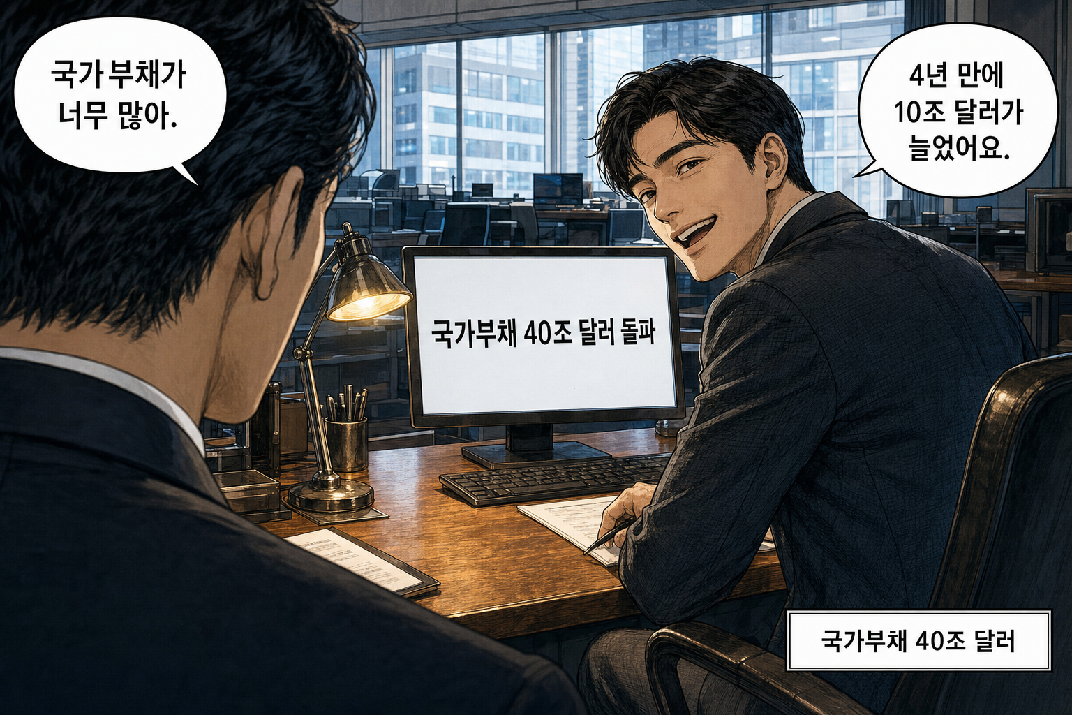 A: 국가부채가 너무 많아. B: 4년 만에 10조 달러가 늘었어요.