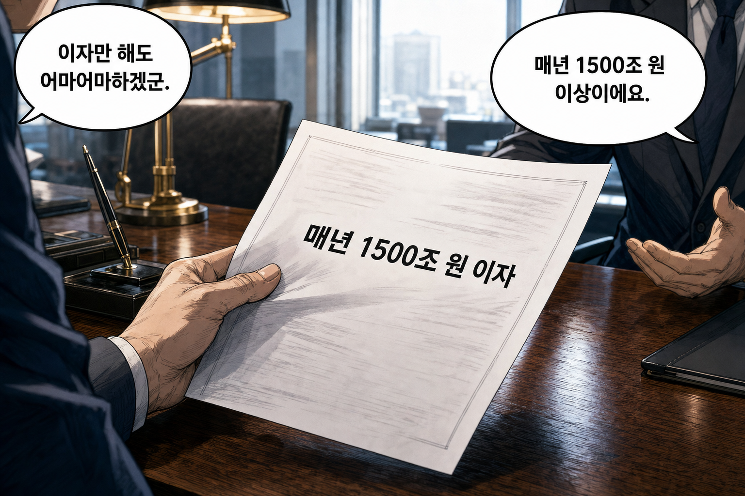 A: 이자만 해도 어마어마하겠군. B: 매년 1500조 원 이상이에요.