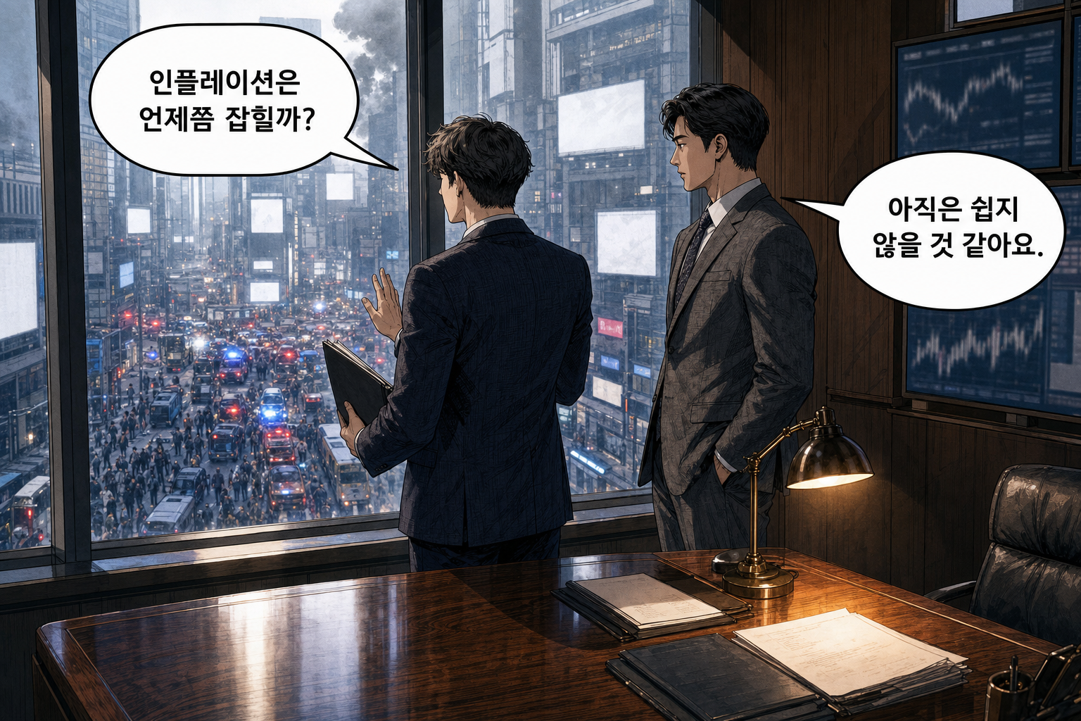 A: 인플레이션은 언제쯤 잡힐까? B: 아직은 쉽지 않을 것 같아요.