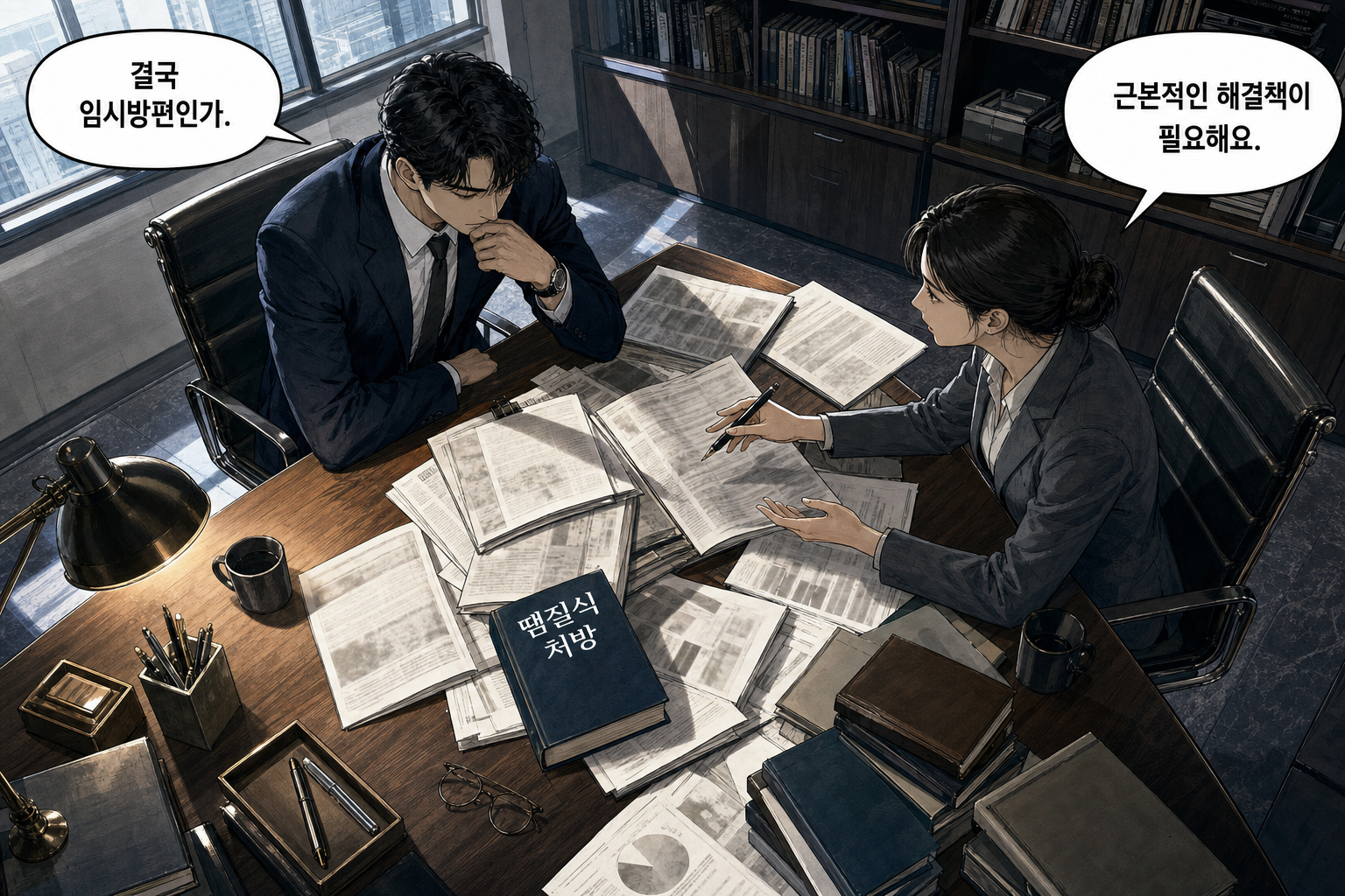 A: 결국 임시방편인가. B: 근본적인 해결책이 필요해요.