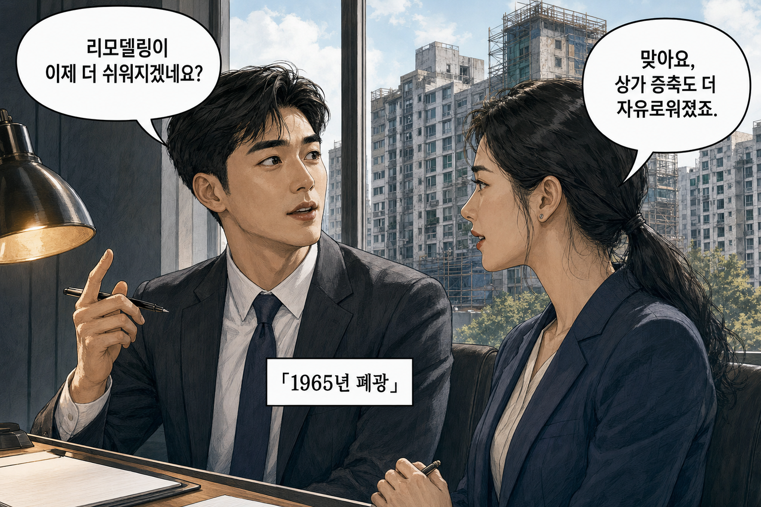 A: 리모델링이 이제 더 쉬워지겠네요? B: 맞아요, 상가 증축도 더 자유로워졌죠.