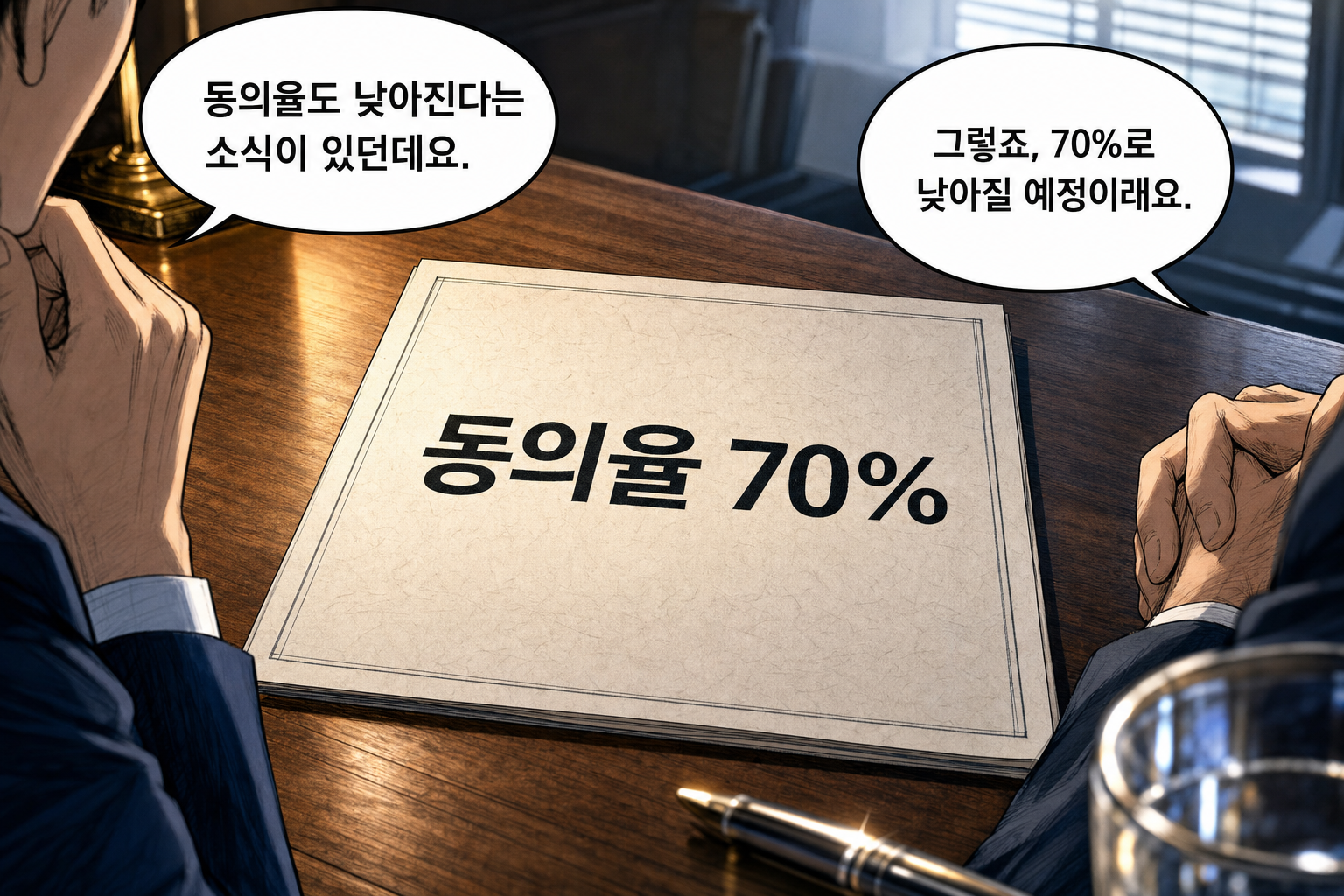 A: 동의율도 낮아진다는 소식이 있던데요. B: 그렇죠, 70%로 낮아질 예정이래요.