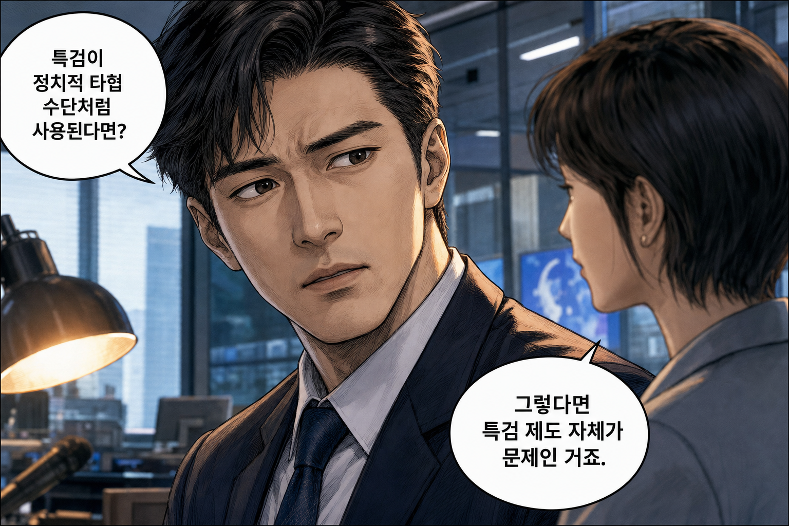 A: 특검이 정치적 타협 수단처럼 사용된다면? B: 그렇다면 특검 제도 자체가 문제인 거죠.