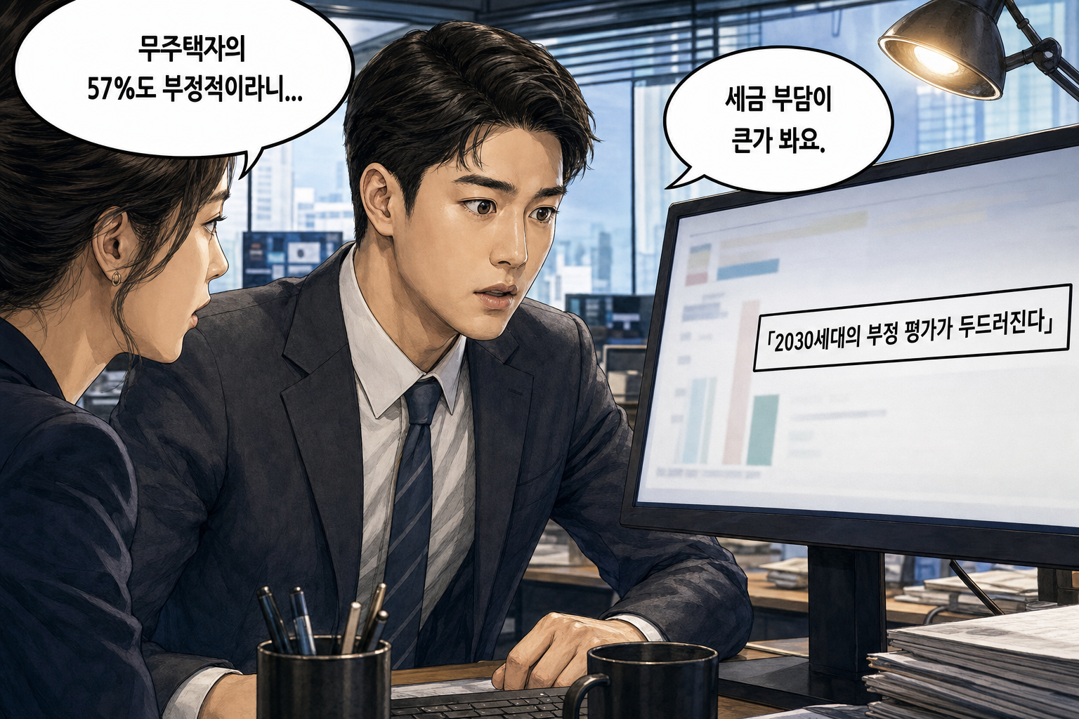 A: 무주택자의 57%도 부정적이라니... B: 세금 부담이 큰가 봐요.