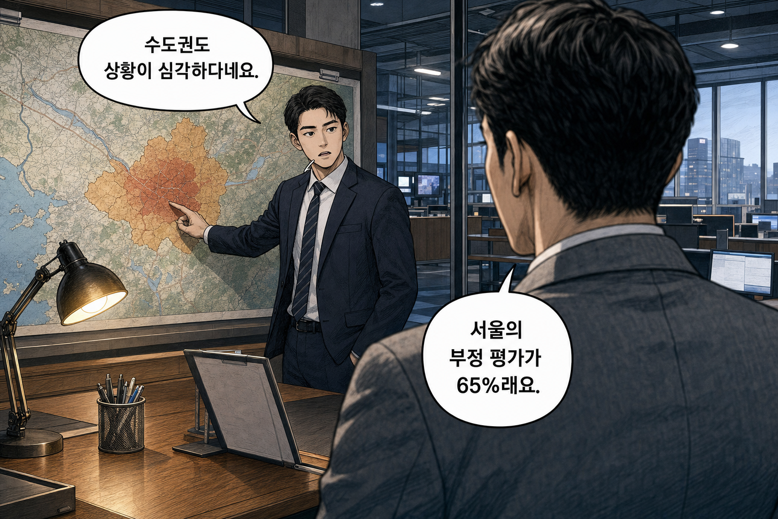 A: 수도권도 상황이 심각하다네요. B: 서울의 부정 평가가 65%래요.