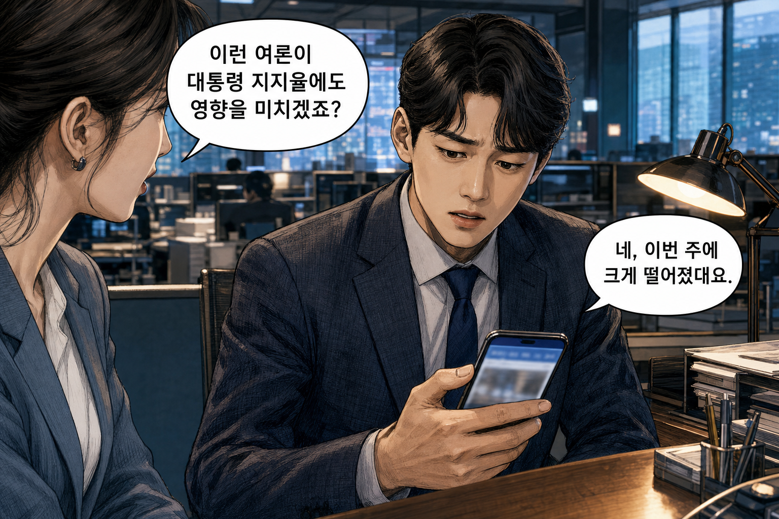 A: 이런 여론이 대통령 지지율에도 영향을 미치겠죠? B: 네, 이번 주에 크게 떨어졌대요.