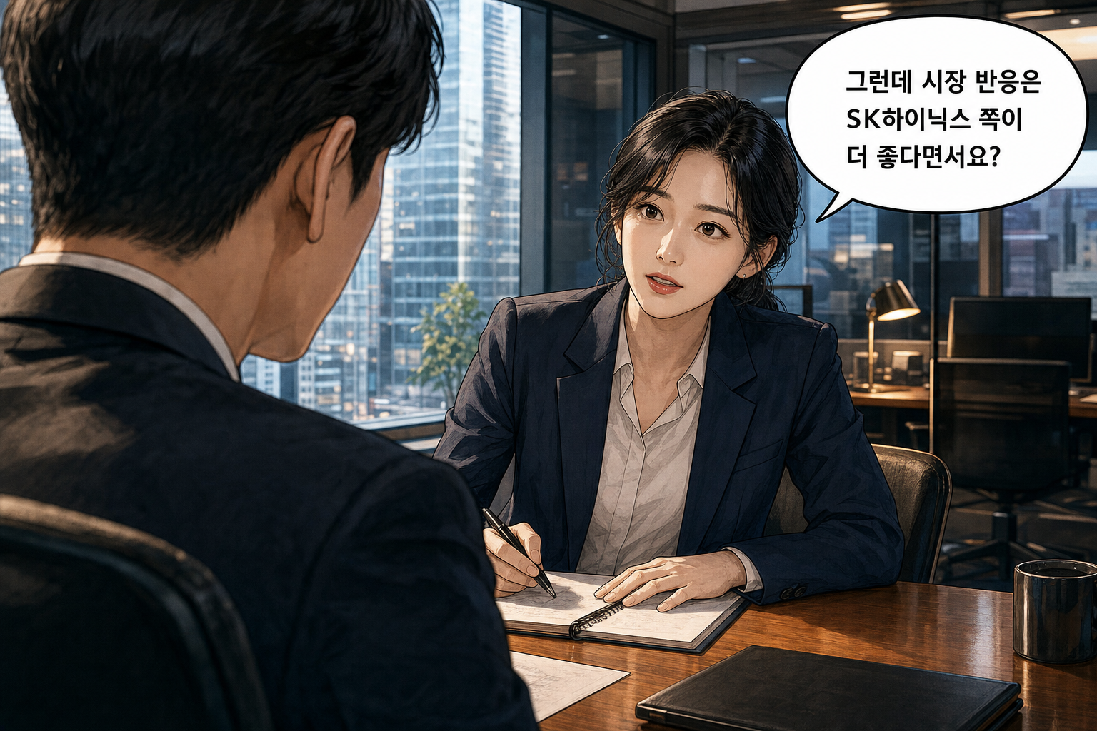 B: 그런데 시장 반응은 SK하이닉스 쪽이 더 좋다면서요?