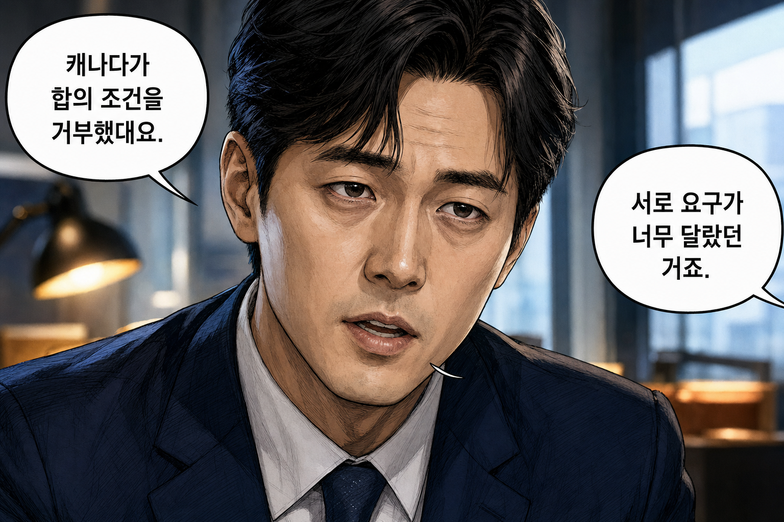 A: 캐나다가 합의 조건을 거부했대요. B: 서로 요구가 너무 달랐던 거죠.