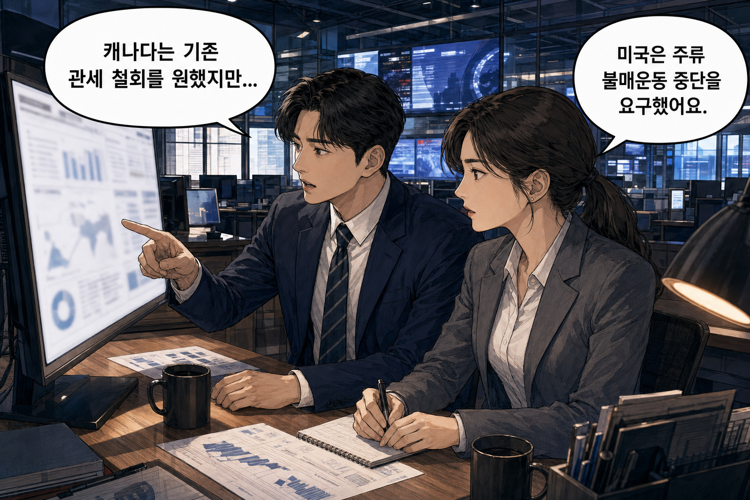 A: 캐나다는 기존 관세 철회를 원했지만... B: 미국은 주류 불매운동 중단을 요구했어요.