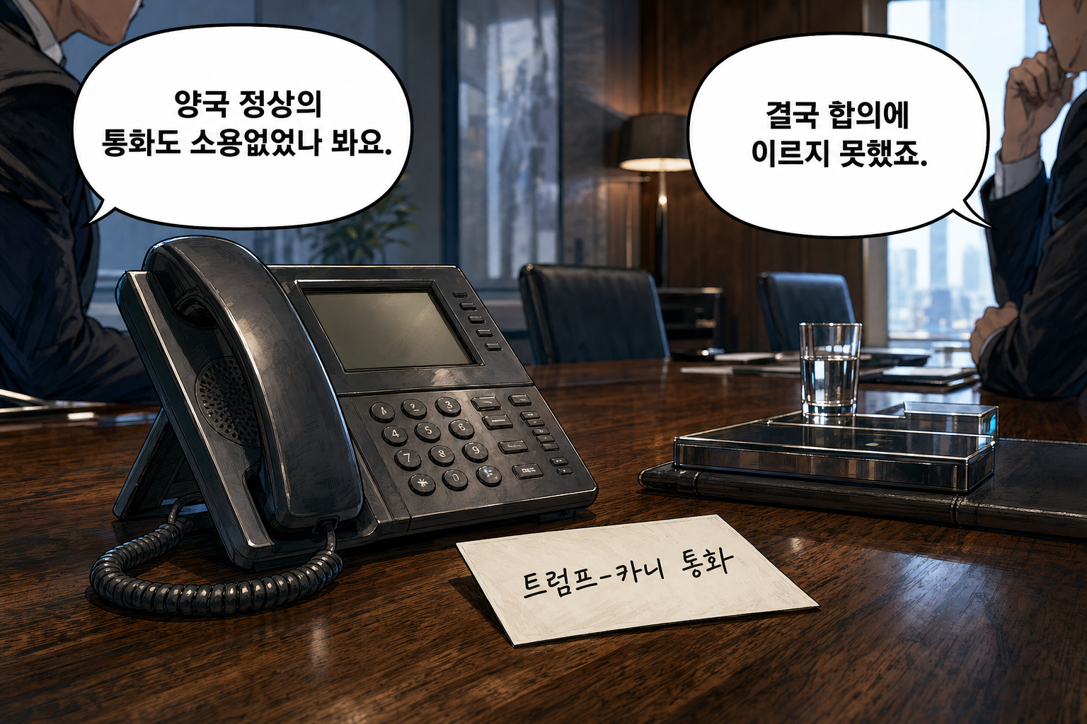 A: 양국 정상의 통화도 소용없었나 봐요. B: 결국 합의에 이르지 못했죠.