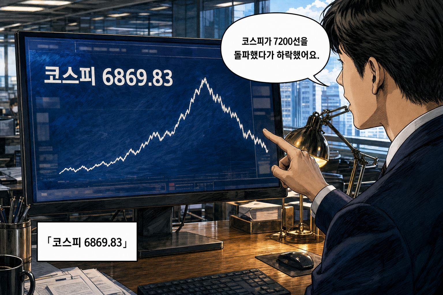 A: 코스피가 7200선을 돌파했다가 하락했어요.