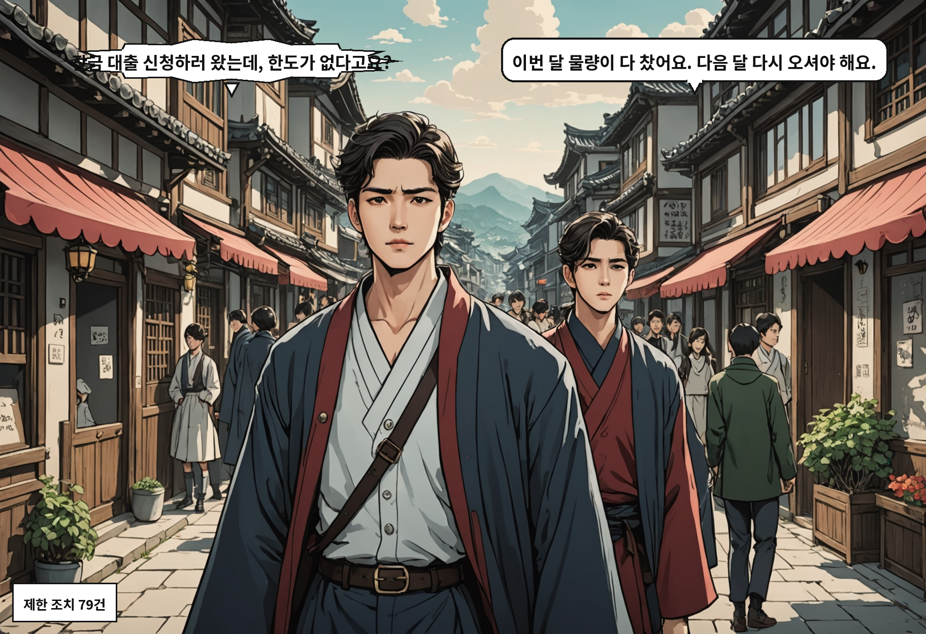 A: 잔금 대출 신청하러 왔는데, 한도가 없다고요? B: 이번 달 물량이 다 찼어요. 다음 달 다시 오셔야 해요.