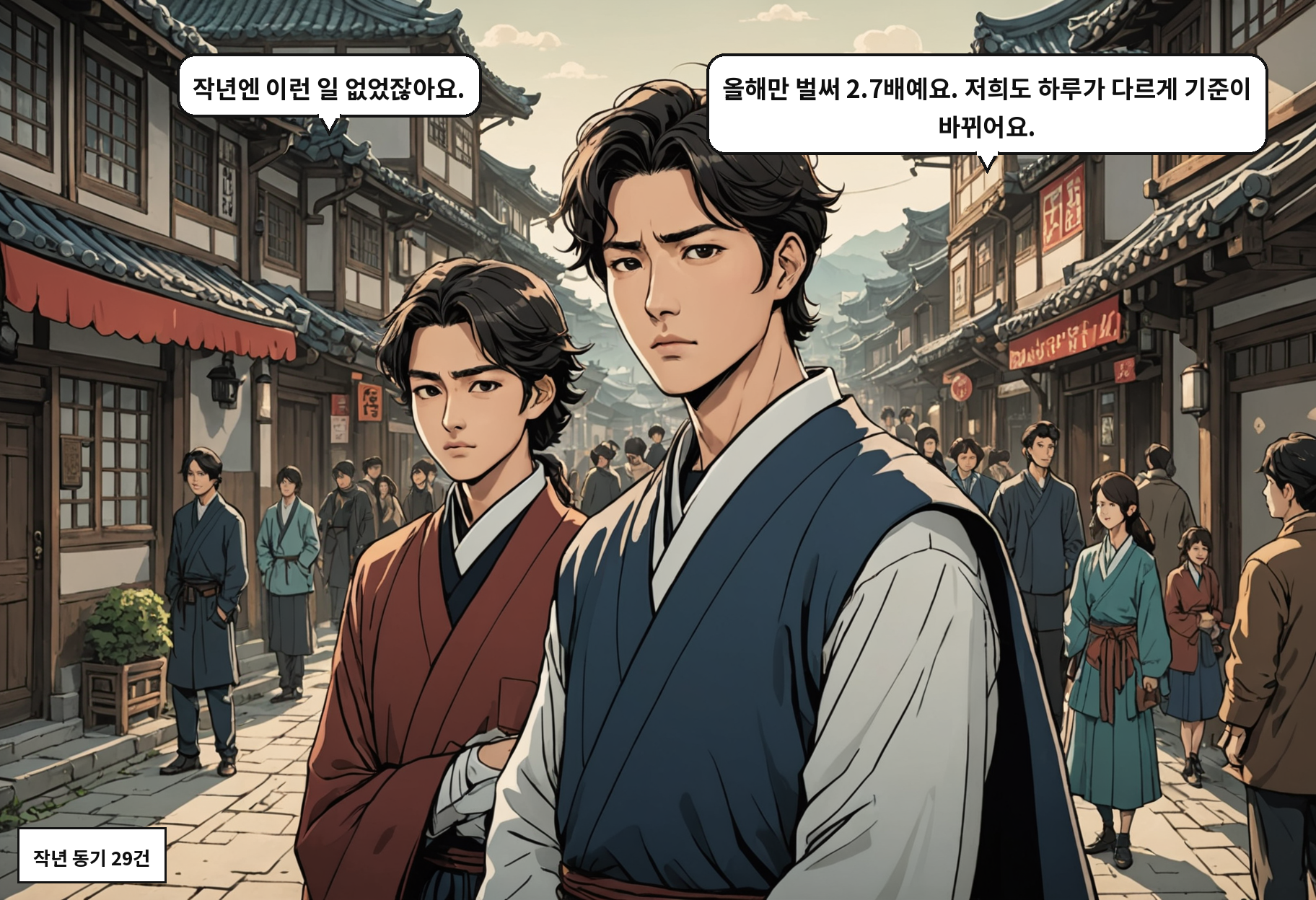 A: 작년엔 이런 일 없었잖아요. B: 올해만 벌써 2.7배예요. 저희도 하루가 다르게 기준이 바뀌어요.