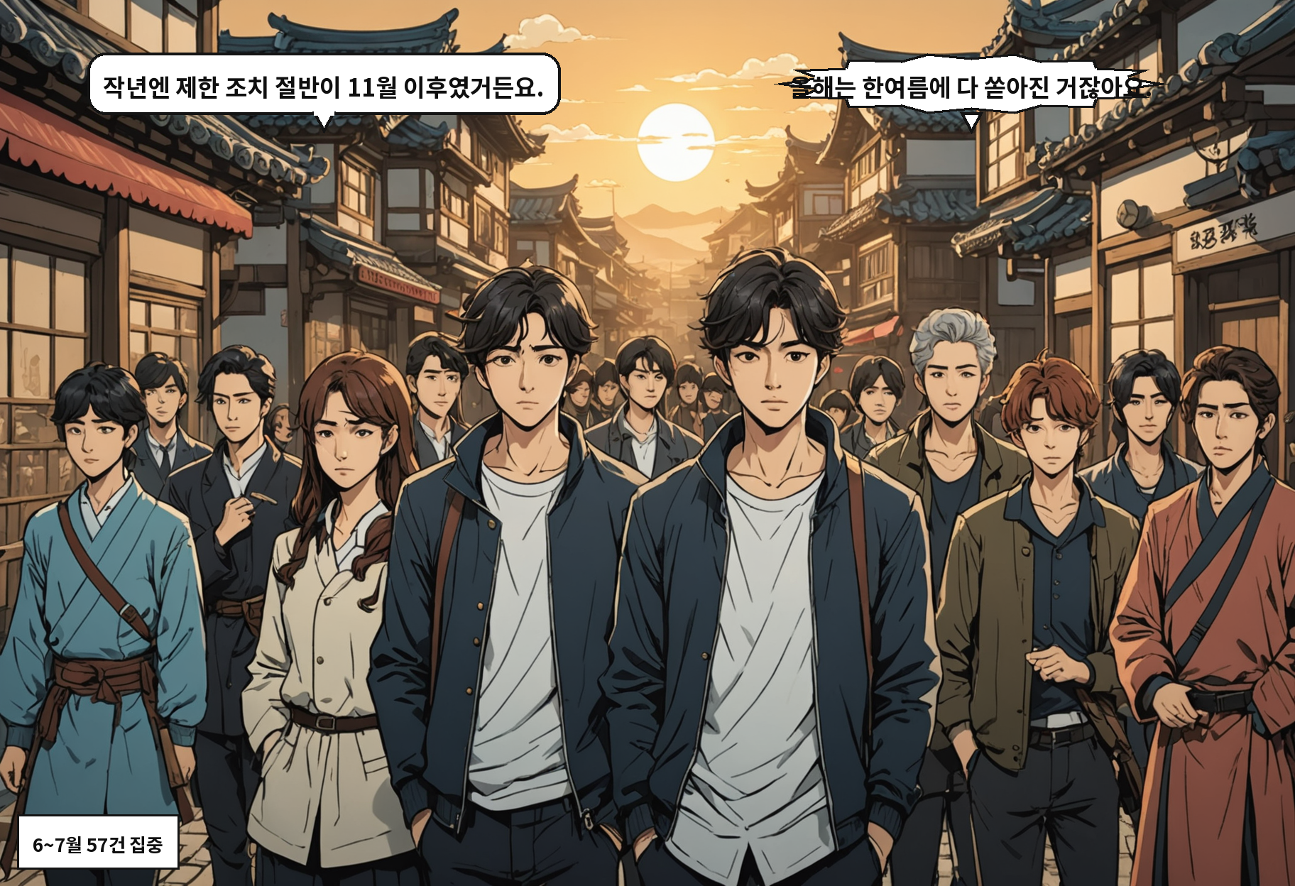 B: 작년엔 제한 조치 절반이 11월 이후였거든요. A: 올해는 한여름에 다 쏟아진 거잖아요.