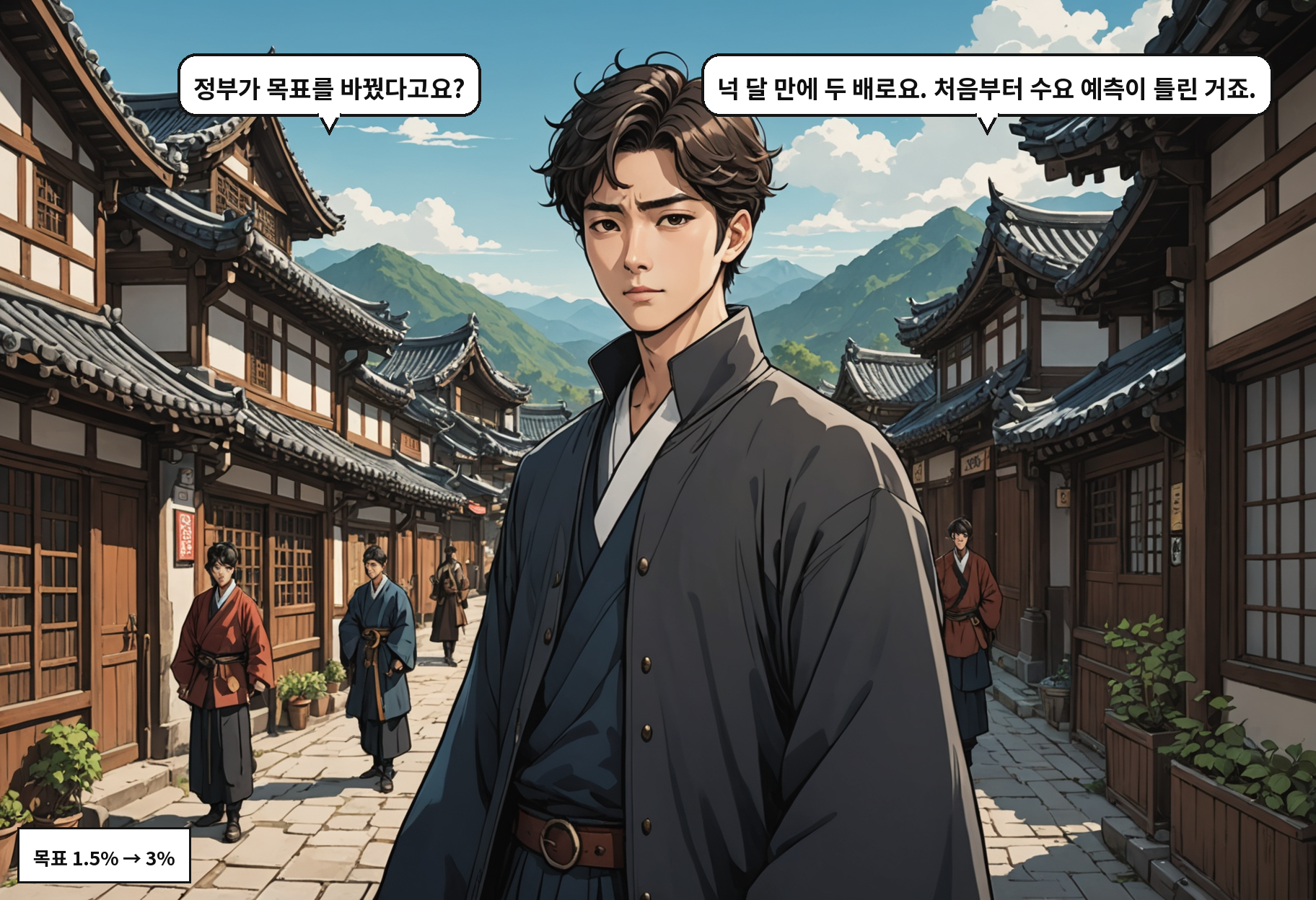 A: 정부가 목표를 바꿨다고요? B: 넉 달 만에 두 배로요. 처음부터 수요 예측이 틀린 거죠.