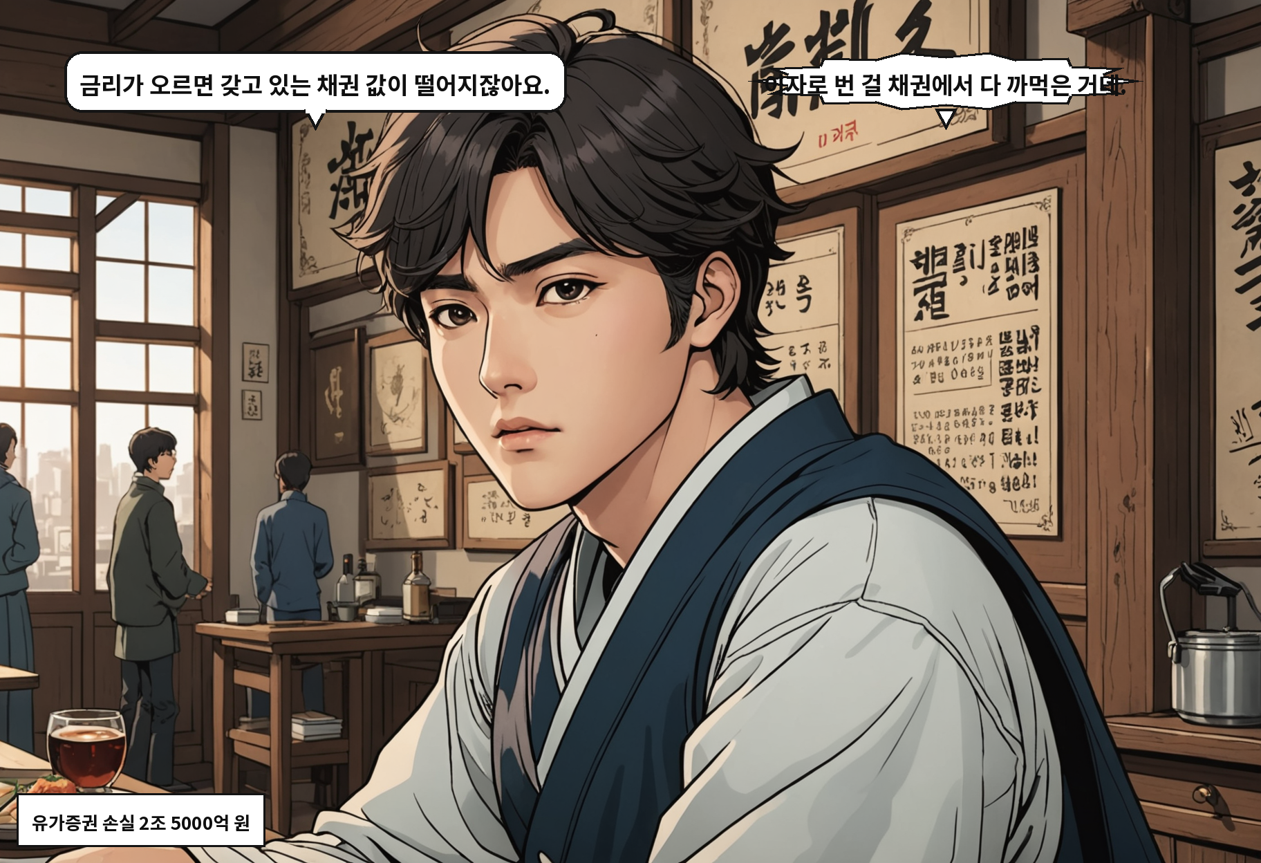 A: 금리가 오르면 갖고 있는 채권 값이 떨어지잖아요. B: 이자로 번 걸 채권에서 다 까먹은 거네.