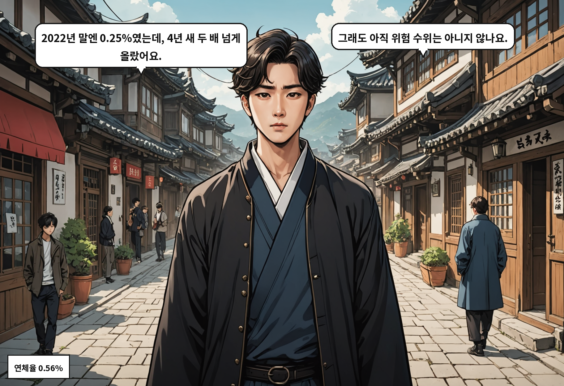 A: 2022년 말엔 0.25%였는데, 4년 새 두 배 넘게 올랐어요. B: 그래도 아직 위험 수위는 아니지 않나요.