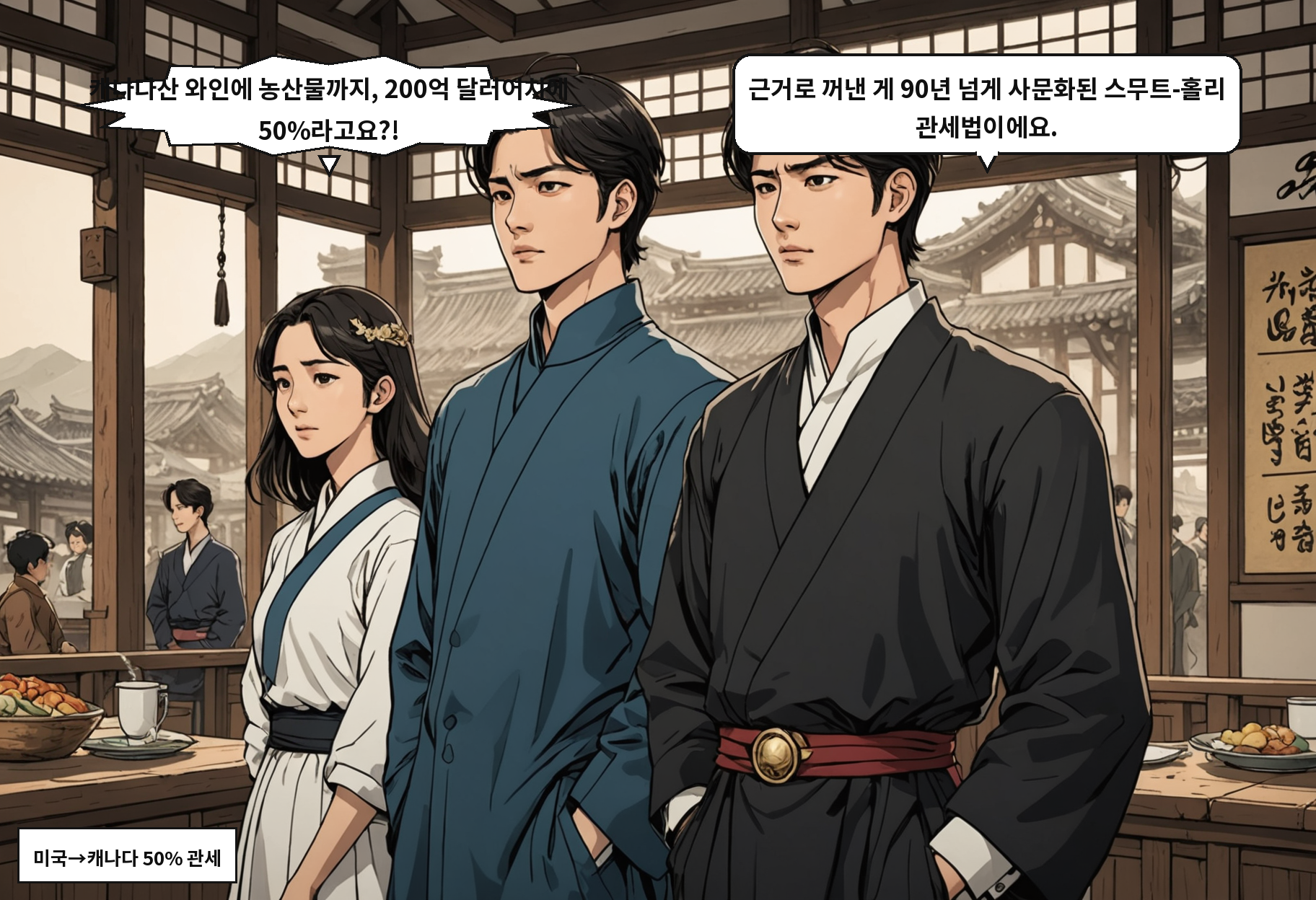 B: 캐나다산 와인에 농산물까지, 200억 달러어치에 50%라고요?! A: 근거로 꺼낸 게 90년 넘게 사문화된 스무트-홀리 관세법이에요.