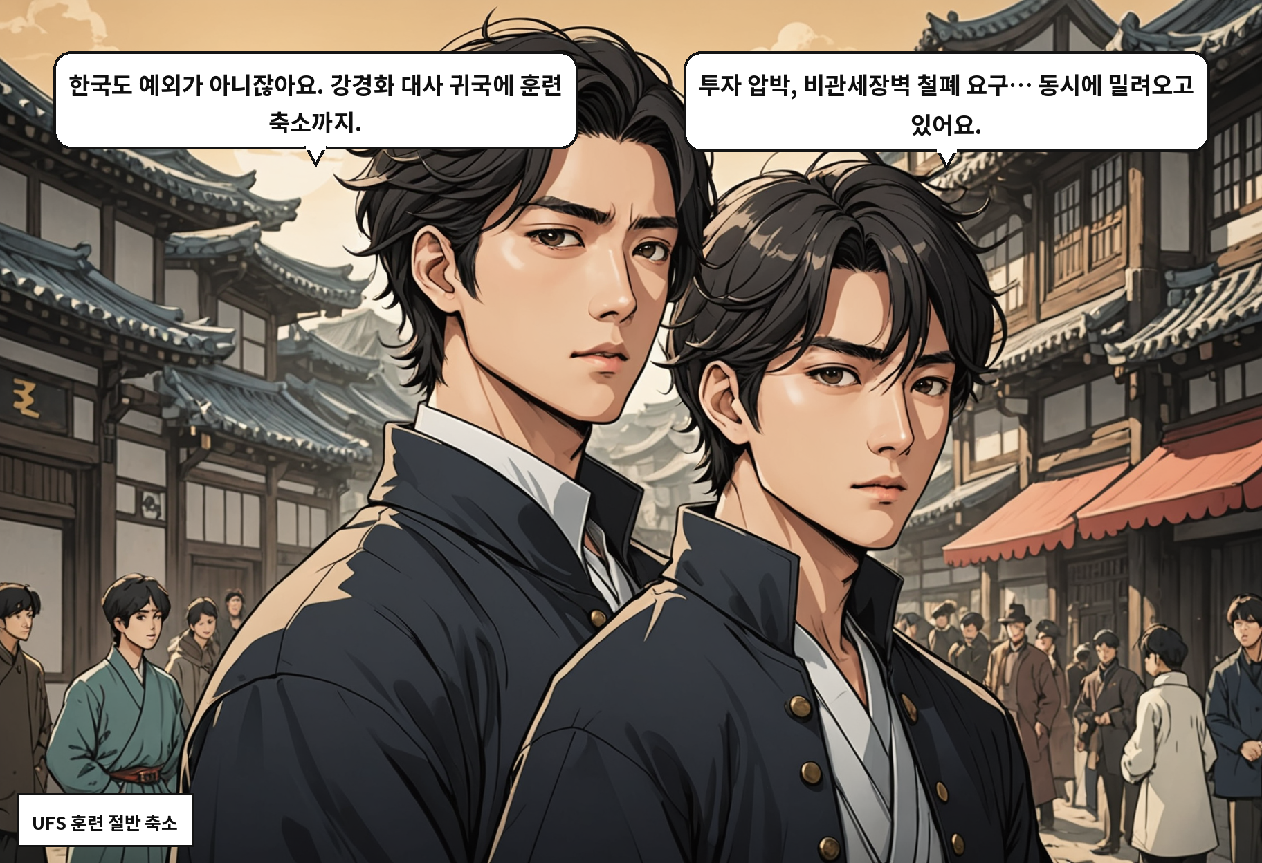 B: 한국도 예외가 아니잖아요. 강경화 대사 귀국에 훈련 축소까지. A: 투자 압박, 비관세장벽 철폐 요구… 동시에 밀려오고 있어요.