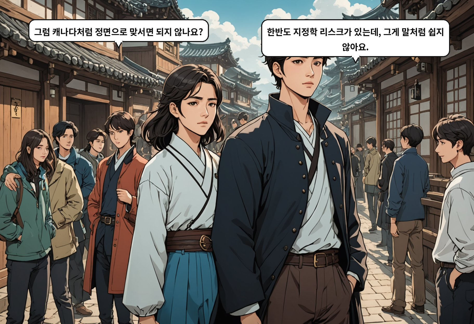 B: 그럼 캐나다처럼 정면으로 맞서면 되지 않나요? A: 한반도 지정학 리스크가 있는데, 그게 말처럼 쉽지 않아요.