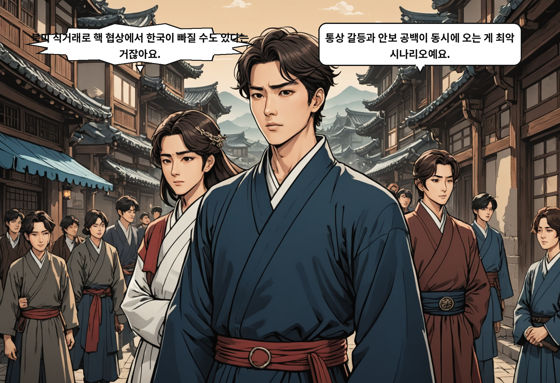 B: 북미 직거래로 핵 협상에서 한국이 빠질 수도 있다는 거잖아요. A: 통상 갈등과 안보 공백이 동시에 오는 게 최악 시나리오예요.