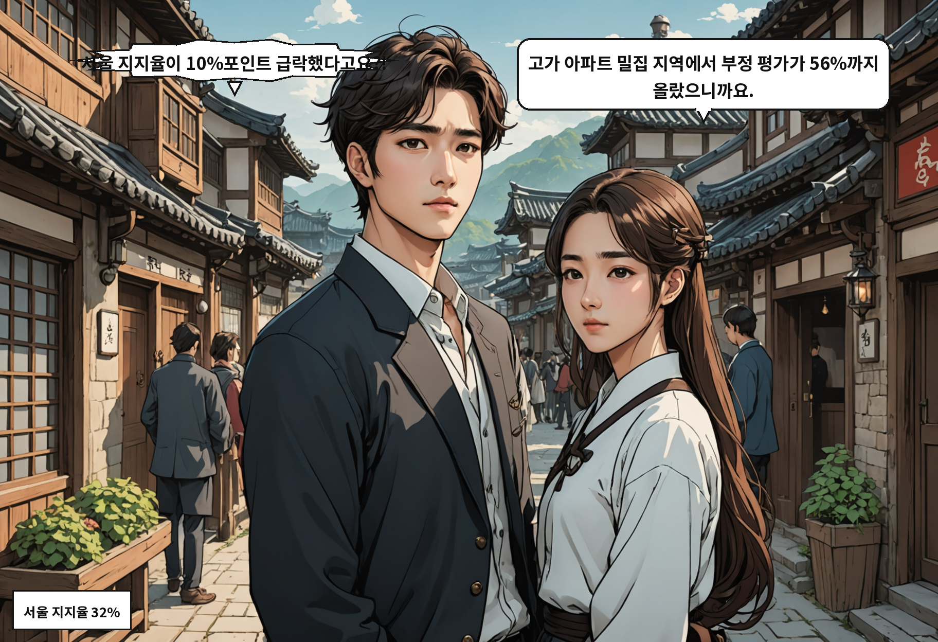 A: 서울 지지율이 10%포인트 급락했다고요?! B: 고가 아파트 밀집 지역에서 부정 평가가 56%까지 올랐으니까요.