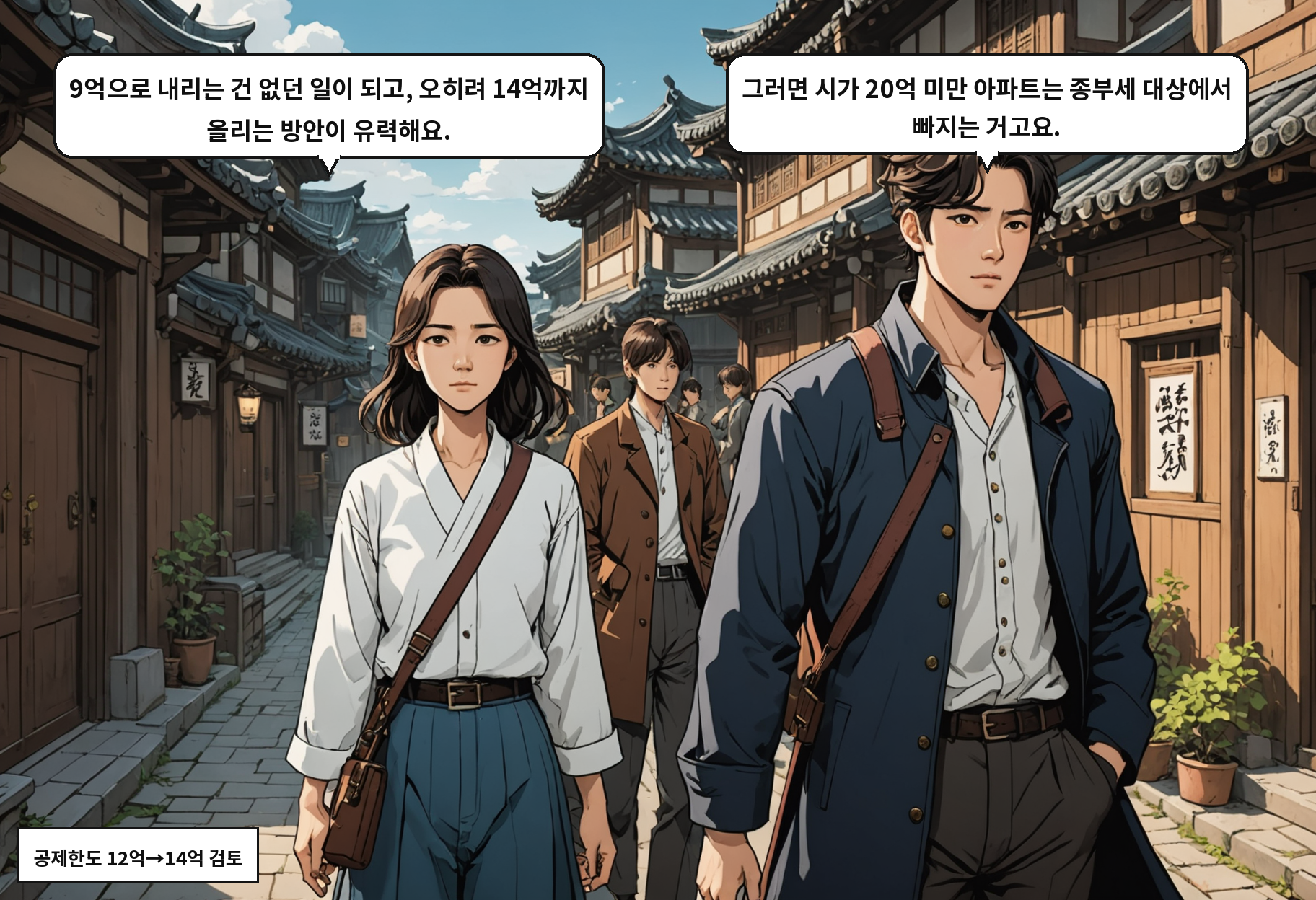 B: 9억으로 내리는 건 없던 일이 되고, 오히려 14억까지 올리는 방안이 유력해요. A: 그러면 시가 20억 미만 아파트는 종부세 대상에서 빠지는 거고요.