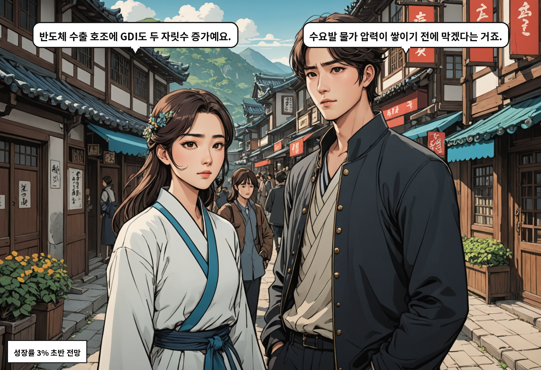 A: 반도체 수출 호조에 GDI도 두 자릿수 증가예요. B: 수요발 물가 압력이 쌓이기 전에 막겠다는 거죠.
