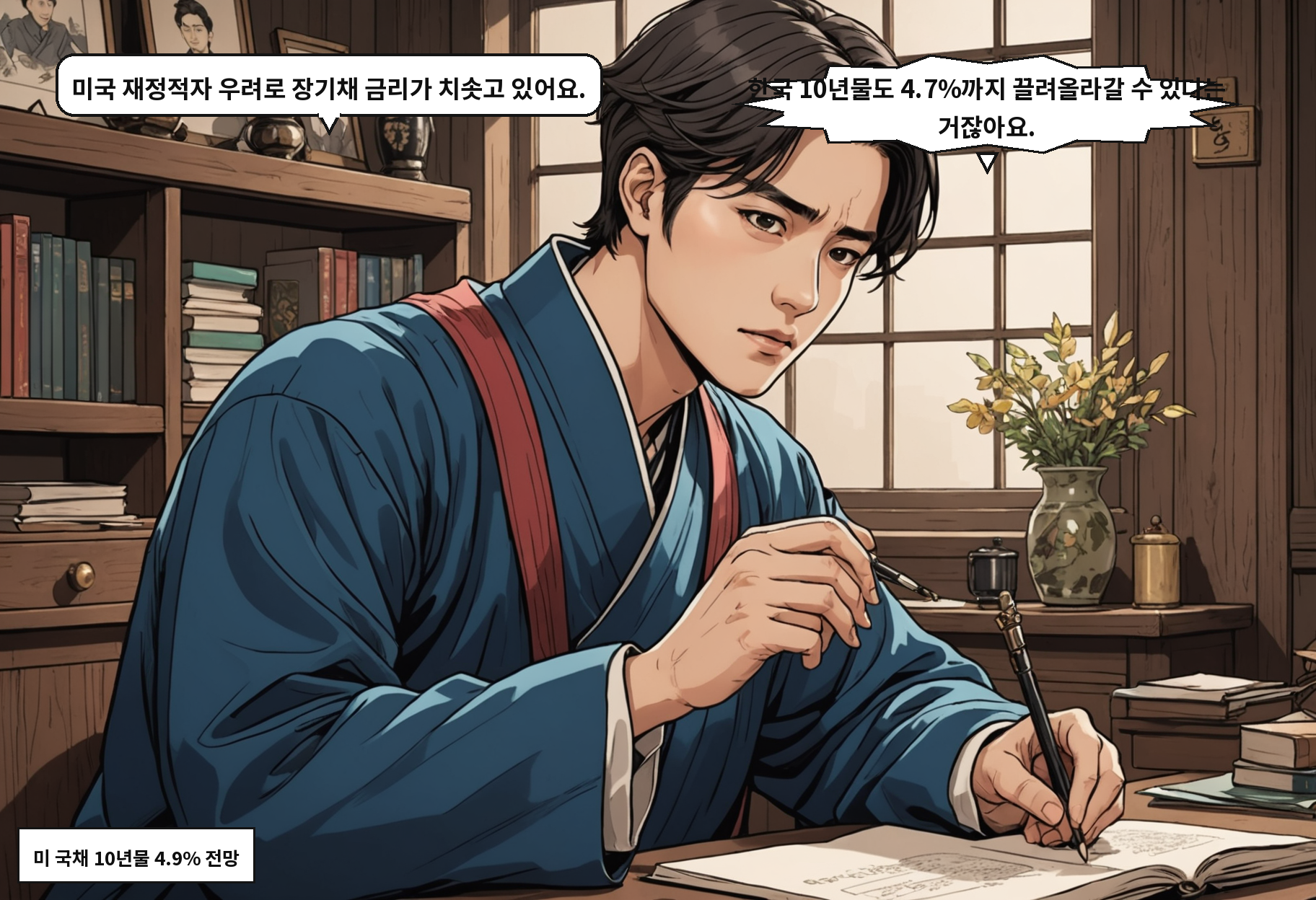 A: 미국 재정적자 우려로 장기채 금리가 치솟고 있어요. B: 한국 10년물도 4.7%까지 끌려올라갈 수 있다는 거잖아요.